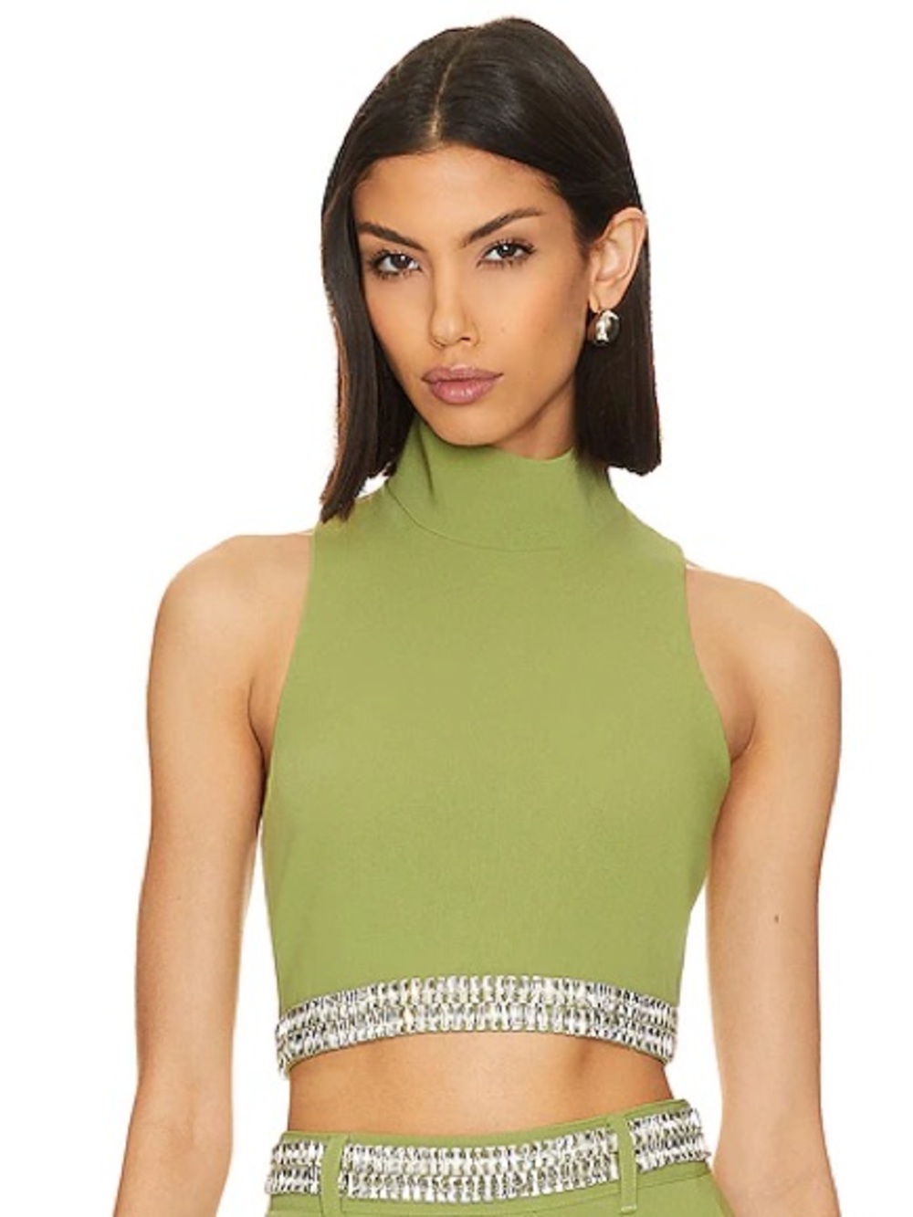 Cinq à Sept Collins Top L Moss Green Crystal Rhinestone Crop Party Quiet Luxury
